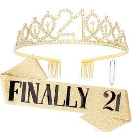 CAVETEE Gold 21st Birthday Sash and Crown Set - Queen Tiara and Sash for Women's Birthday Decorations