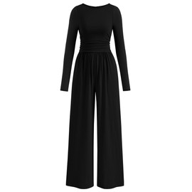 PRETTYGARDEN One Piece Jumpsuits for Women Dressy Casual Long Sleeve Crewneck Wide Leg Jumpers Rompers Vacation Outfits 2025 (Black, S)