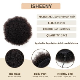 ISHEENY Natural Black Ponytail Extension Human Hair Medium Messy Bun Hair Piece For Girl Afro Puff Hair Bun 1 Pieces Short Afro Kinkys Curly Afro Bun Drawstring Hairpieces Updo Hair Extensions