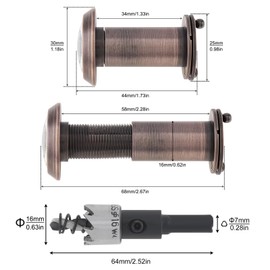 HOJLKLD Door Viewer, Solid Brass 200 Degree Peephole with 16mm (5/8") Drill Bit, 16mm Pipe Diameter Viewer with Heavy Duty Privacy Cover for 35-55mm (1-3/8" to 2-1/6") Doors (Bronze)