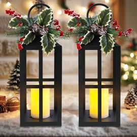 Christmas Lanterns Decorative Indoor Outdoor, 2 Pack Black Christmas Lantern, 18 Inch Timer Decorative Candle Lanterns Flameless Light with Pine Cones and Needles for Home, Party, Farmhouse Decor