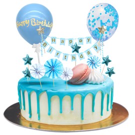 Moorle Moorle Tortendeko Blau 12 Stück, Happy Birthday Kuchendeko, Kuchendeko Geburtstag Junge, Cake Topper Blau, Papierfächer Sterne Cupcake Tortenstecker für Geburtstag Dekoration Junge Mädchen