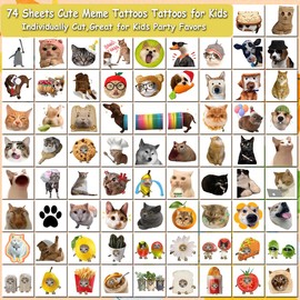 CHARLENT Cute Temporary Cat Meme Tattoos - 74 Individual Sheets, Funny Animal Meme Tattoos for Birthday Decoration, Party Supplies, School Reward Gift Ideas for Girls and Boys