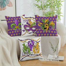 Mardi Gras Throw Pillow Covers 18x18 Set of 4 Fleur De Lis, Jester Hats Beads Mask Feather, Lobster Designs Festive Pillowcases for Home Sofa Couch Cushion Decoration