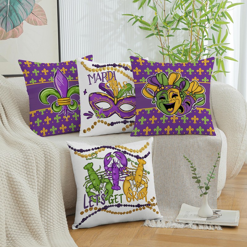 Mardi Gras Throw Pillow Covers 18x18 Set of 4 Fleur