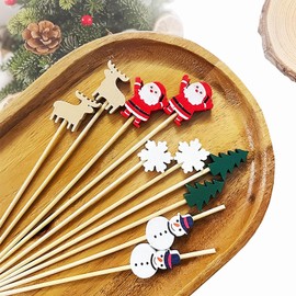 Smart Rice 4.7 Inch Bamboo Christmas Toothpicks for Appetizers - Snowman, Christmas Tree, Santa Claus, Snowflake, Reindeer, Candy, Cocktail Picks, Christmas Cocktail Picks, Christmas Tree Food(50 Pcs)