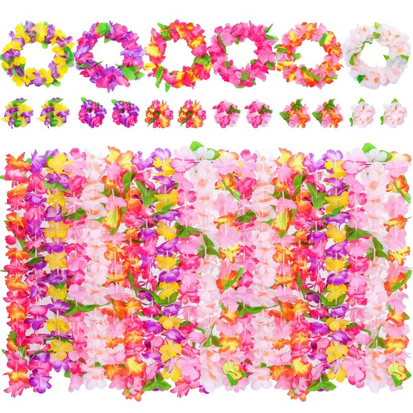 VGOODALL 48 Pieces Hawaii Flower Necklaces, Leis Luau Colorful Hawaiian Necklaces Bands Bracelets for Beach Decoration Accessories for Hawaiian Party Decor