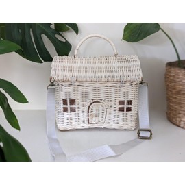 Natural Rattan Dollhouse Shoulder Basket Bag for Kids, Children, Toy Storage, Play, Travel, Neutral, Eco-Friendly Materials, Montessori