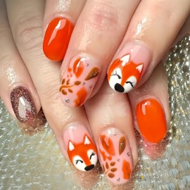 24Pcs Autumn Fallen Leaves Press on Nails Short Oval Thanksgiving Fake Nails with Fox French Design Orange Stick on Nails Fall Rose Gold Glitter Full Cover Glue on Nail Glossy Acrylic Nails for Women