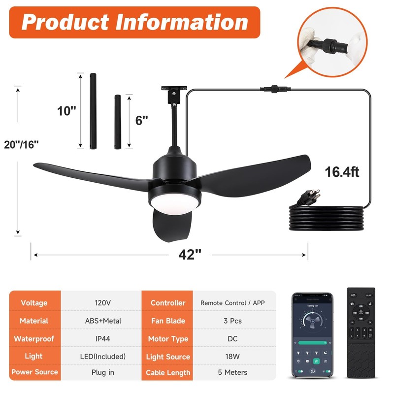 BZX Waterproof Outdoor Ceiling-Fan with Light - 42" Modern Ceiling