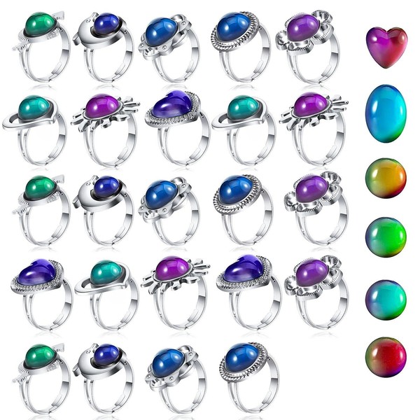 Hicarer 24 Pieces Adjustable Mood Rings Mixed Color Changing Mood Rings for Halloween Costume Props Birthday Party Favors and Goodie Bag Fillers, Girls, Boys, Adults, 8 Styles