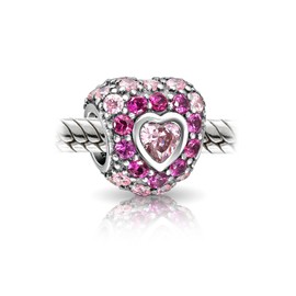 Hot Pink Fuchsia Cubic Zirconia CZ Pave Heart Charm Bead For Women Girlfriend Sterling Silver For European Bracelet