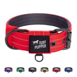 Tuff Pupper Heavy Duty Tactical Dog Collar | 1.5" Wide Ballistic Nylon | Reflective Stitching | Integrated ID Tag Holder | Stainless Steel Buckle | Padded Lining | Medium & Large Dogs (Red, Medium)