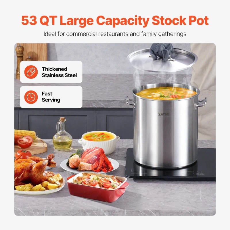 53QT Stainless Steel Stockpot with Lid Handle for Kitchen Cooking
