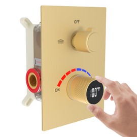Temperature Display 2 Way Shower Valve Brass Rough-in and Trim Kit, Dual Function Digital Shower Mixer Valve, Brushed Gold