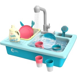 CUTE STONE Color Changing Kitchen Sink Toys Heat Sensitive Electric Dishwasher Playing Toy with Running Water, Automatic Water Cycle System