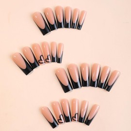 Heart Press on Nails Extra Long Square French Fake Nails Black French Tip Press on Nails with Heart Design Glossy Nude Pink Artificial False Nails Reusable Glue on Nails DIY Manicure Decoration 24PCS