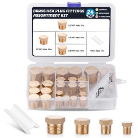 Ailbiuko 24 PCS Brass Hex Pipe Plug Fittings Kits 1/8" 1/4" 3/8" 1/2" NTP Brass Plug Male Threaded
