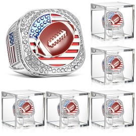 Landical 6 Set Football Championship Ring with Display Case and Stand Holder Championship Ring Case Acrylic Display Box and Holder Champion Trophy Rings for League Winner(Silver)