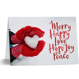 Red Mittens Heart Holiday Christmas Card - Set of 25 cards, 5'' x 7'' folded. Verse inside. Made in the USA. Blank white envelopes