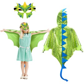Landifor 2pcs Dinosaur Costume for Kids Dino Fancy Dress Outfit Dragon-Wings Cape with Dino Mask for 3-8 Years Toddler Jurassic Themed Party Costume Cosplay Pretend Play