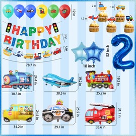 Car 2nd Birthday Decorations Boy - 31 Pcs Transportation Party Decoration Including Happy Birthday Train Plane Fire Truck Foil Balloons for 2 Year Old Racing Cars Party Supplies