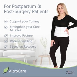 AltroCare Postpartum & Post Surgery Abdominal Binder. 3-Panel belly band for recovery after childbirth, hysterectomy, tummy tuck, hernia, diastasis recti. Size S/M (30" to 45"). Made in USA.