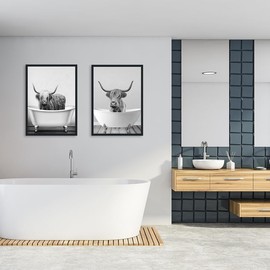 QPLGTU Bathroom Home Background Wall Decoration Poster, Black and White Highland Livestock Animal Decoration Photos Wallpaper, Funny Animal Print Poster, Frameless (Highland Cattle 2, 50 x 70 cm x 2)