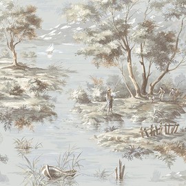 CONCORD WALLCOVERINGS ™ Sample for Display Purpose only Textured Wallpaper Floral Trees River People, Blue Gray Cream, 7 in x 10 in, MH36514