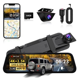 Mirror Dual Dash Camera with Voice Control,4K+2.5K 10" Rear View Mirror Camera with 5.8GHz WiFi and APP Control, WDR Night Vision, Loop Recording, G-Sensor, Parking Monitor 64GB Card Included