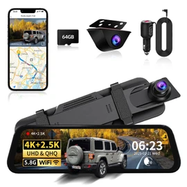Mirror Dual Dash Camera with Voice Control,4K+2.5K 10" Rear View Mirror Camera with 5.8GHz WiFi and APP Control, WDR Night Vision, Loop Recording, G-Sensor, Parking Monitor 64GB Card Included