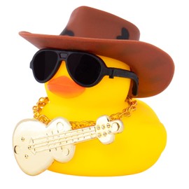 wonuu Car Dashboard Decor Rubber Duck, Car Ducks Ornaments with Mini Spots Cowboy Hat Necklace Sunglasses Guitar (Brown Black)