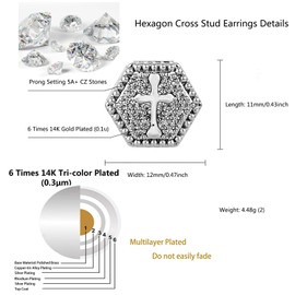 TOPGRILLZ Cross Stud Earrings 14K Gold Cubic Zirconia Prong Setting Geometric Iced Out Sparkle Stud Earrings For Women Men-Hexagon Silver