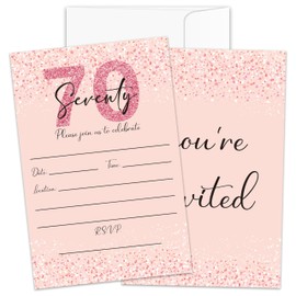 Jdgbo Pink And Rose Gold Glitter Elegant Party Collection, 70th Birthday Invitations, 4x6 Invitations With Envelopes, 70 Years Old Birthday Invites For Women(20 Pack) -bir04