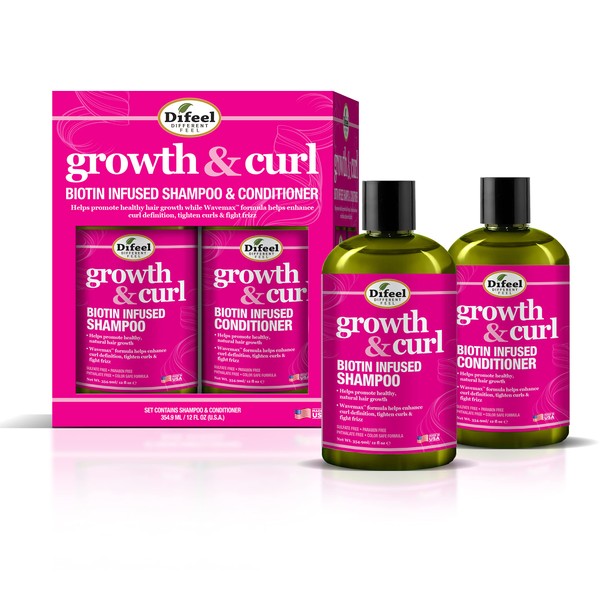 Difeel Growth and Curl Biotin Shampoo 12oz & Conditioner 12oz Caja de regalo de 2 piezas - Champú para cabello rizado y acondicionador para cabello rizado en caja de regalo