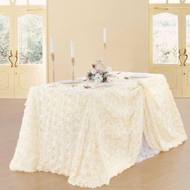 3D Satin Rosette Rectangle Tablecloth 90 x132 Inches Ivory Satin Raised Rosettes Tablecloth for Wedding Baby Shower Event Decoration