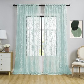 Pastel Turquoise Lace Curtains 63 Inch Length 2 Panels Aqua Floral Sheer Curtains for Bedroom Living Room Rod Pocket Light Filtering Ocean Coastal Lace Window Curtains for Neutral Privacy Decor, 52x63