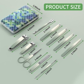 Manicure Set 10 in 1 Stainless Steel Nail Clippers Scissors Tweezers Grooming Kit with Travel Case(Green)