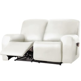 vctops 6 Pieces Waterproof Faux PU Leather Recliner Loveseat Slipcover Stretch Soft Sofa Couch Cover Anti-Slip Furniture Protector with Elastic Bottom for Kids Cats Dogs(White,2 Seat)