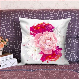 oFloral Throw Pillow Cover Luxurious Peony Flower Pillow Case Square Cushion Cover for Sofa Couch Home Car Bedroom Living Room Decorative 18" x 18" Red Pink White
