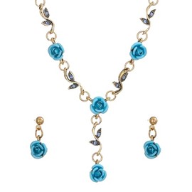 Dishowme Rose Flower Necklace Earrings Set 3Pcs Crystal Flower Pendant Necklace Vintage Rhinestone Jewelry for Women Girls (Blue)