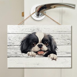 DecStic Japanese Chin Dog Lying on The Floor Peeking Wood Sign Classic Wall Plaque Dogs Lovers Wall Decor Farmhouse Rustic Wooden for Bedroom Living Room Wall Kitchen Home Housewarming Gift 8x12 in
