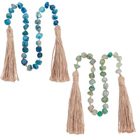 PH PandaHall 2pcs Agate Stone Hand Knotted Garland 60cm Beads Garland Knotted Prayer Beads Decor Hanging Beaded Garland with Tassels for Farmhouse Wall Shelf Home Hanging Decor Green and Blue