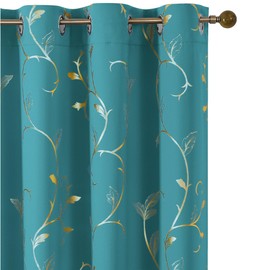 BUHUA Blackout Curtain 2 Panel Set Silver Vine Foil Print Thermal Insulated Drapes Room Darkening Curtains Grommet Window Treatment, 52 x 84 Inch, Teal Blue