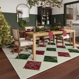 Lahome Christmas Area Rug 5x7 Washable Living Room Rug, Large Soft Bedroom Rug, Checkered Moroccan Non Slip Non Shedding Low Pile Accent Print Indoor Carpet for Winter Dining Room Decor, Red/Green
