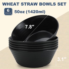 Wrova Wheat Straw Bowl Sets,6 PCS Unbreakable Cereal Bowl 50 OZ,Microwave and Dishwasher Safe Bowls,Super Big Bowl Sets BPA Free Eco Friendly Bowl for Serving Soup,Oatmeal and Salad (Black)