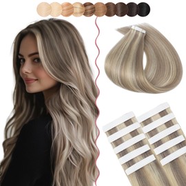 22 Inch SEGO 10 PCS Tape Hair Extensions Real Human Hair Thin Type [#18/613 Ash Blonde&Bleach Blonde] Seamless Skin Weft Remy Hair Extension (15g)