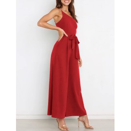ANRABESS Women Summer Dressy Jumpsuits One Shoulder Sleeveless Casual Wide Leg Pants Romper Jumper 2025 Trendy Outfits Red Small