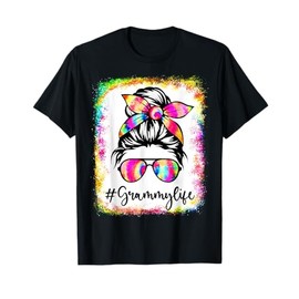 Bleached Grammy Life Messy Bun Tie Dye Glasses Mother's Day T-Shirt