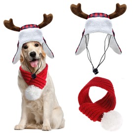Christmas Antler Check Dog Santa Hat and Xmas Pet Red Knit Scarf with White Pompom Ball - Winter Neck Warmer and Festive Party Dress-up for Pets (Medium)